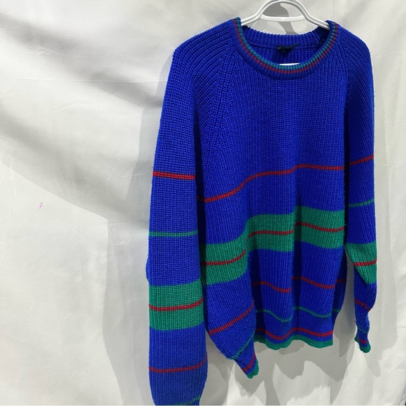 Vintage Ribbed Knit Sweater Blue Green Red Striped Crewneck 90s Y2K - Picture 5 of 9